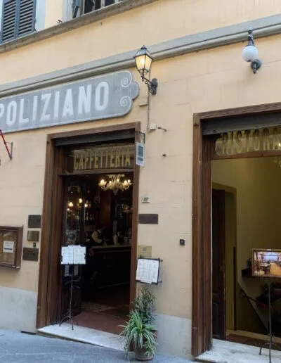 front of historic Caffe Poliziano in Montepulciano